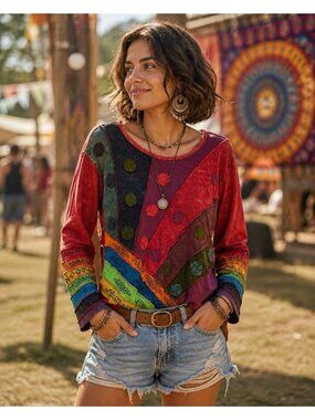 Womens Patchwork Long Sleeve Top 2XL Boho Chic Festive Artsy Colorful Coastal